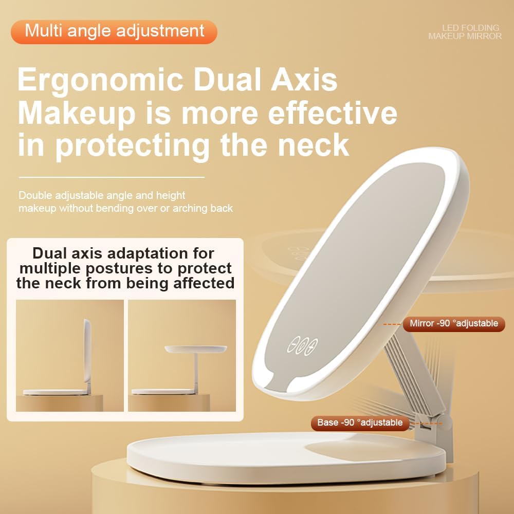 Rechargeable LED Travel Makeup Mirror, 3-Color Lighting, Dimmable Touch Screen, Multi Angle Adjustable, Foldable and Portable Desktop Vanity Mirror with Storage Tray(White)