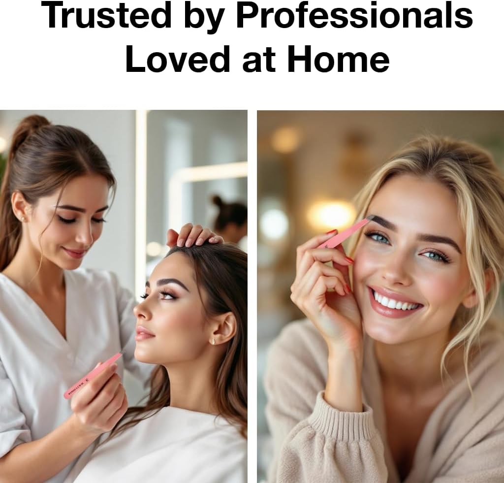 Slant Tip Precision Tweezers - Stainless Steel Eyebrow Tweezers for Women & Men - Precision Tweezers for Facial Hair, Ingrown Hair & Brow Shaping - Professional Beauty Tool (Pink)