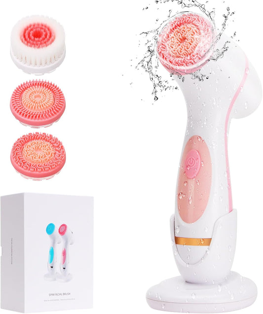 Facial Cleansing Brush, 3 in 1 Electric Face Scrubber with 3 Brush Heads for Women/Men, Waterproof Rechargeable Face Cleansing Brush for Dry Oily Sensitive Skin (Pink)
