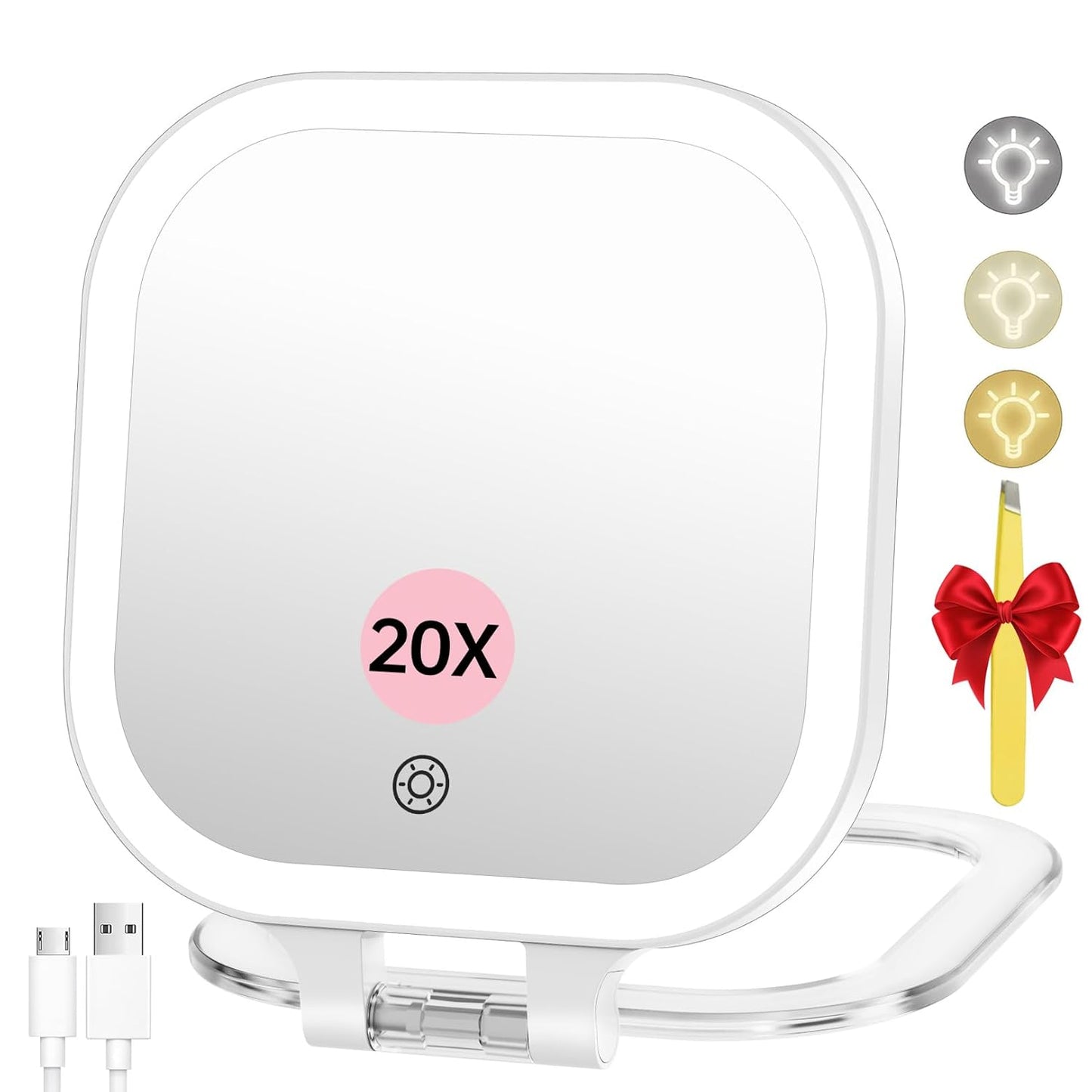 FASCINATE 20X Magnification Rechargeable Travel Makeup Mirror, 7" Lighted Portable Vanity Mirror with 3 Colors Lighting & Stepless Dimming, Double Sided LED Mirror, Gift for Women (White)