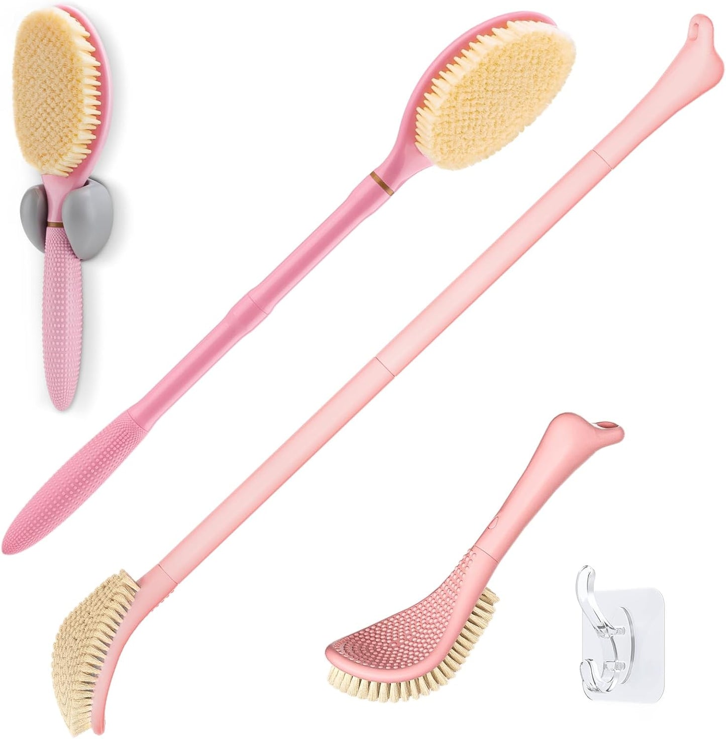 New Foot Brush & Back Scrubber Set 2PCS, 10.2''- 27.5'' Adjustable Foot Scrubber for Shower, 18.9'' Shower Back Scrubber with 3-Length Usage, Great Aid for People with Limited Mobility(Pink)