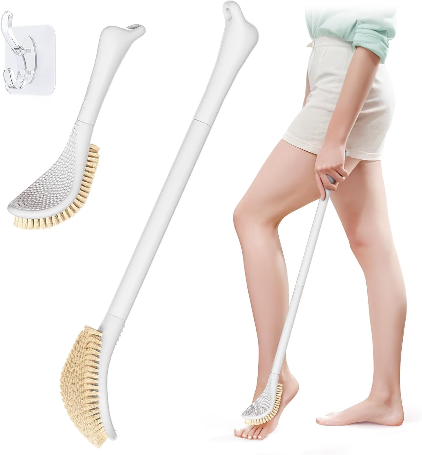 New Foot Brush with Adjustable Long Handle, 3-in-1 Foot Scrubber for Wet or Dry Brushing, 10.2’’- 27.5’’ Foot Scrub Brush for Senior, Pregnant, Disabled, or Injured, Gift-Box Packed(White)