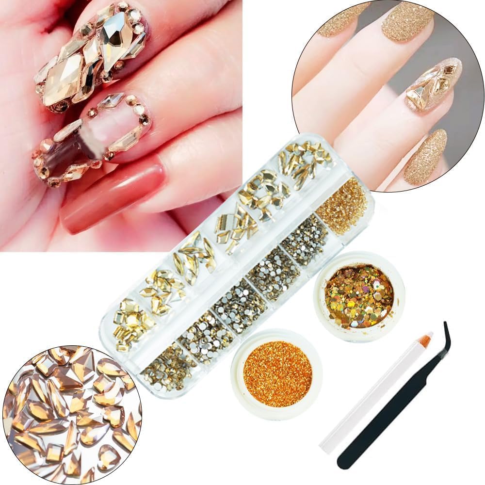 3 Boxes Champagne Gold Nail Rhinestones with Fine Glitters Kit, 60Pcs Big Glass Nail Gems with S6-S16 Flatback Round Stones,Crystals Nail Gem Stones for Faces Body DIY Crafts