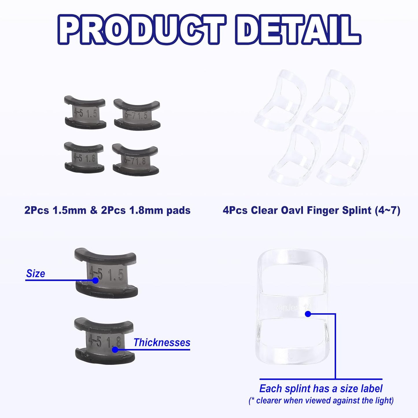 8Pcs Clear Oval Finger Splints & Click-Lock Adjustment Kit, 4 Graduated Finger Ring Splint & 4 Splint Adjustment, Finger Braces for Arthritis, Mallet, Straightening, Support (Size 4-7)