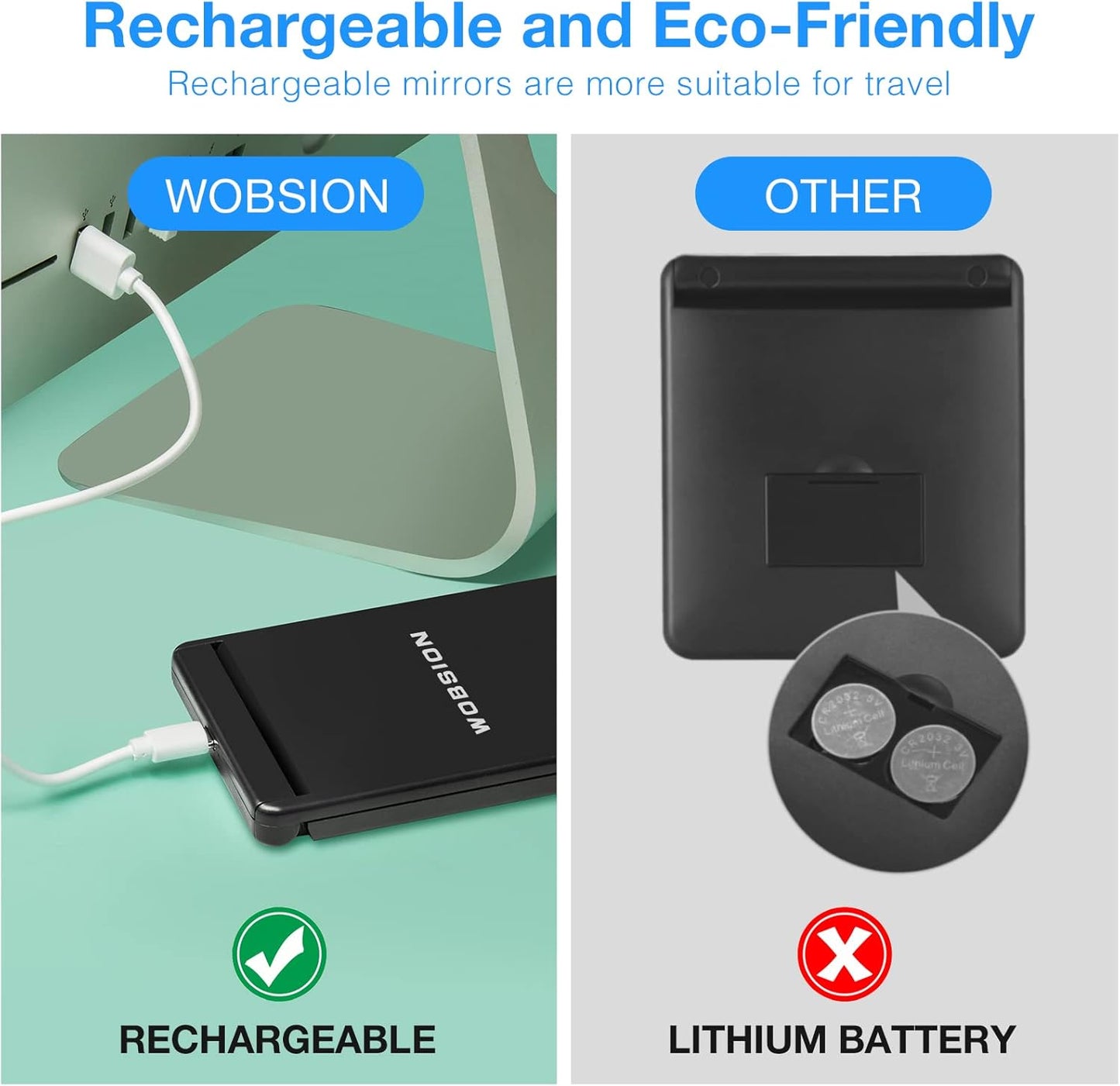 WOBSION Lighted Compact Mirror, Rechargeable Travel Makeup Mirror with Light,1x/3x Magnifying,Folding Portable Mirror,Dimmable,Gifts for Girls,Black