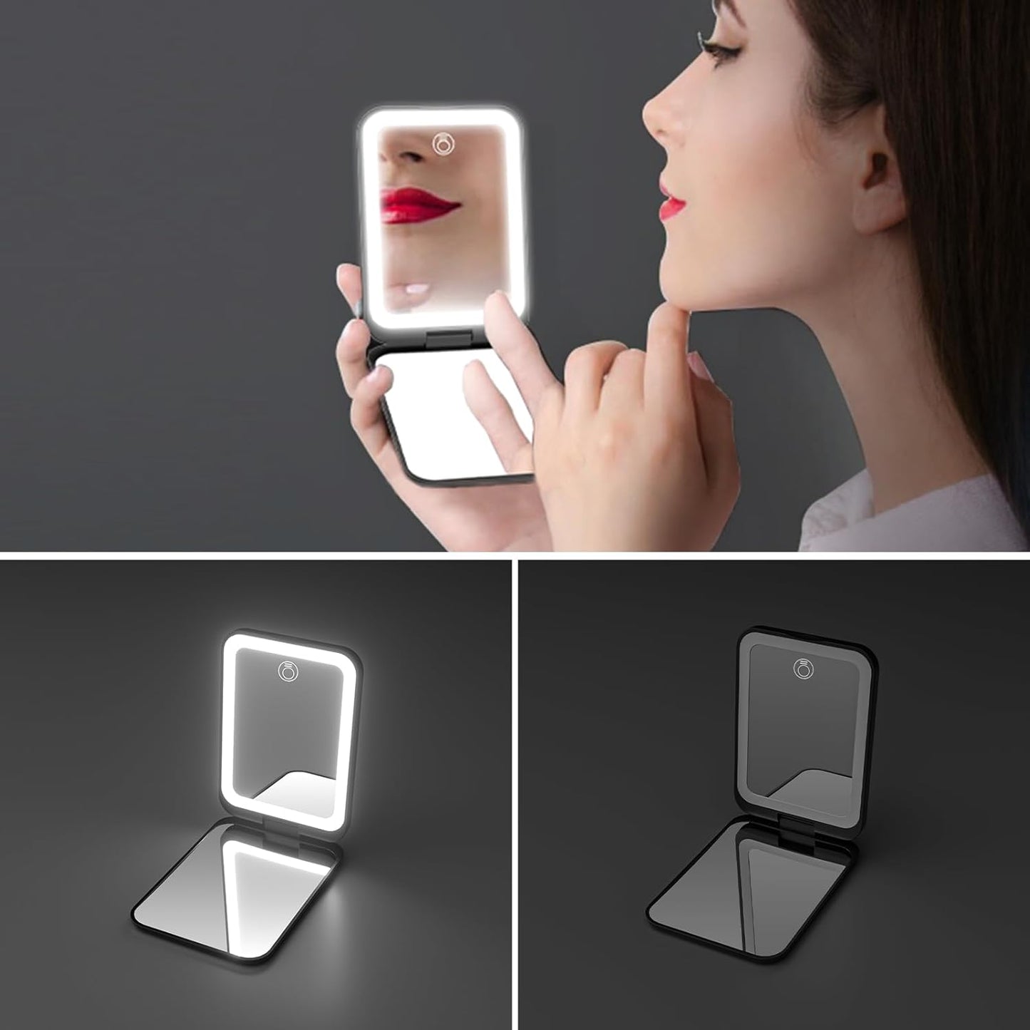 Kintion 2025 Pocket Mirror, Rechargeable Dimmable 3 Color Lighting 1X/3X LED Compact Travel Makeup Mirror for Purse, Portable, Folding, Handheld, Small Lighted Mirror for Women Gift, Black