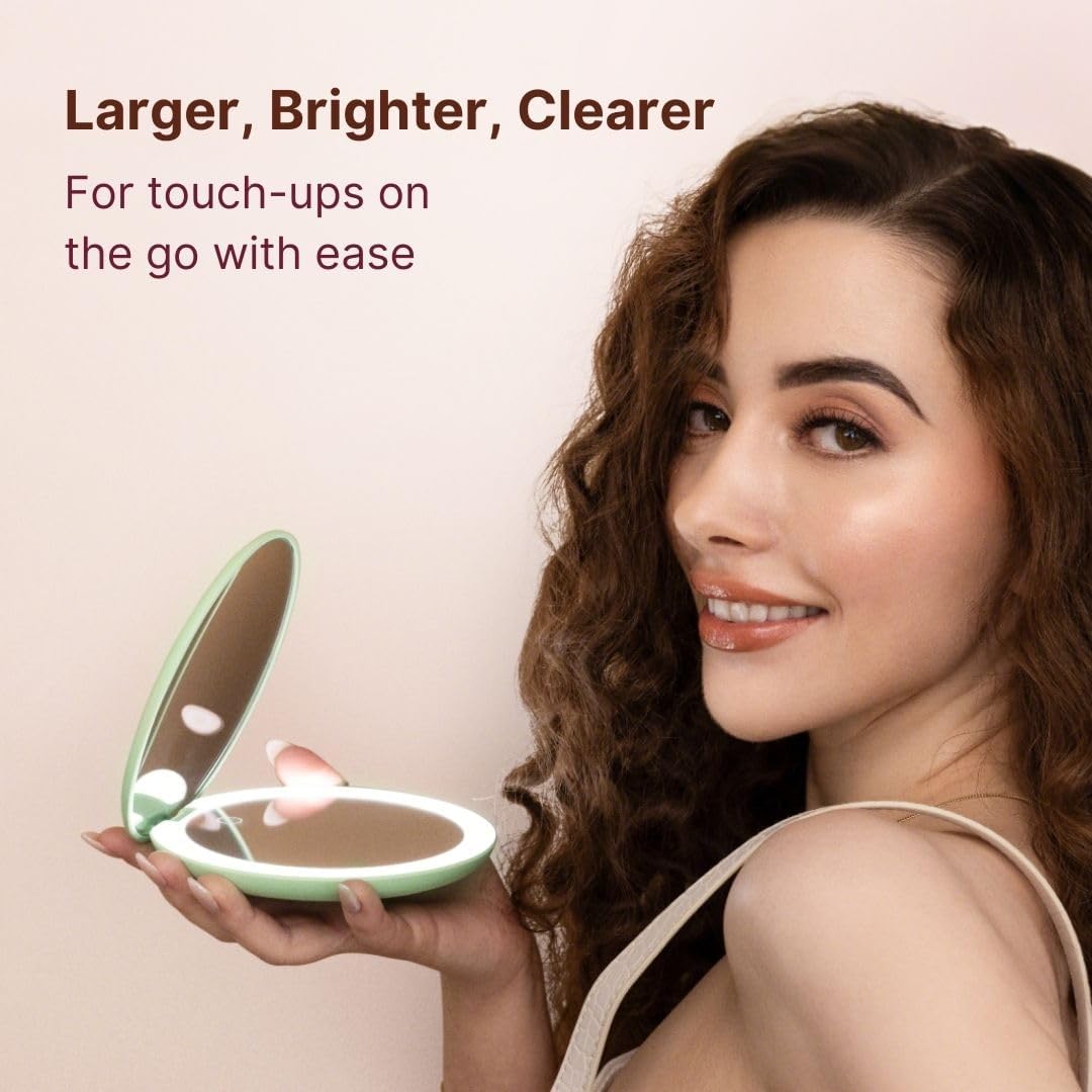 Fancii Taylor LED Lighted Compact Makeup Mirror, Rechargeable, 10x /1x Magnifying, 3 Light Settings, XL Large 5” Wide | Travel Mirror for Purses (Mint Green)