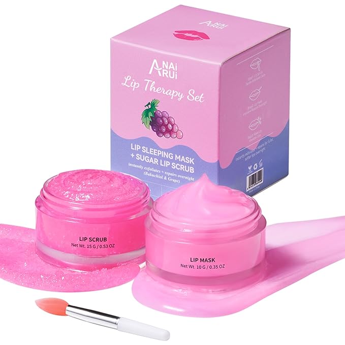 ANAI RUI Lip Therapy Set, Lip Scrub & Lip Mask, Overnight Hydrating Lip Moisturizer with Lip Exfoliator Scrub and Lip Sleeping Mask for Lip Plumping, Lip Gift Kit for Dry, Chapped, Dark Lips, Grape