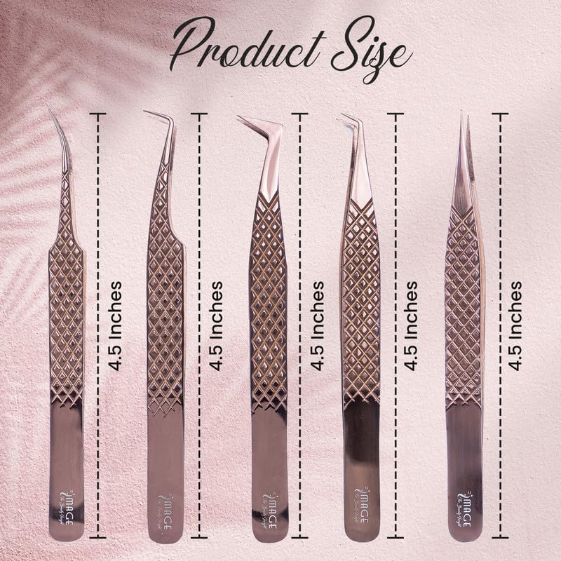 5 Pcs Fiber-Tip Japanese Steel Lash Tweezer Set with Leather Case, Professional Eyelash Tweezers for Lash Extensions – Titanium Coated, 90 & 45 Angled, Precision Pointed Tweezers (METALIC-ROSE)