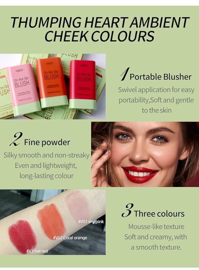 Multi-Use Makeup Blush Stick, Cream Blush Stick, Tinted Solid Moisturizer Stick for Cheek & Eyes & Lips, Waterproof Natural Nude Makeup, Suitable for All Skin (3#Coral Orange)