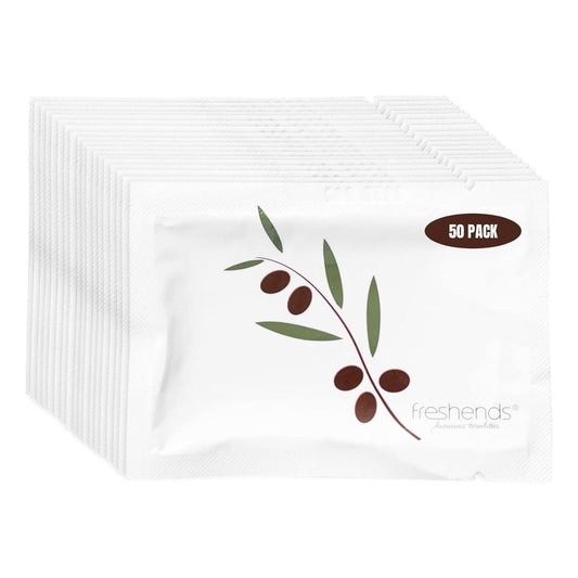 Freshends Flushable Individually Wrapped Wipes – 50 Bulk Pack Luxurious Towelettes, Guest Bathroom Essentials for Weddings, Restaurants, Bars & Clubs – Olive, Travel-Size, Disposable