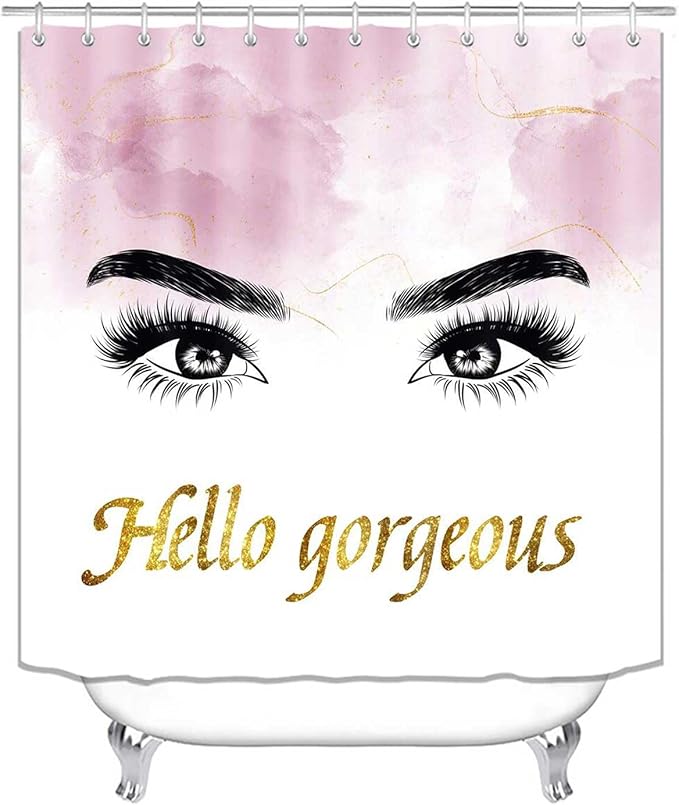 4PCS Hello Gorgeous Eyelash Shower Curtain Set, Gold Glitter Quotes Black Eyebrow Makeup Pink Marble Glam Modern Fashion Girly Women Bathroom Decor, Non-slip Bath Mat Toilet Rug, Charming Eyes