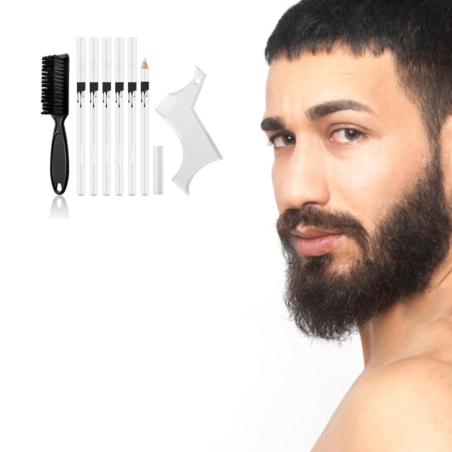 White Barber Pencil Set - Edge Hairline Razor Trace Pencils Beard Guide Beard Hairline and Beard Shaping Pencils,with Sharpener Ruler Brush for Men