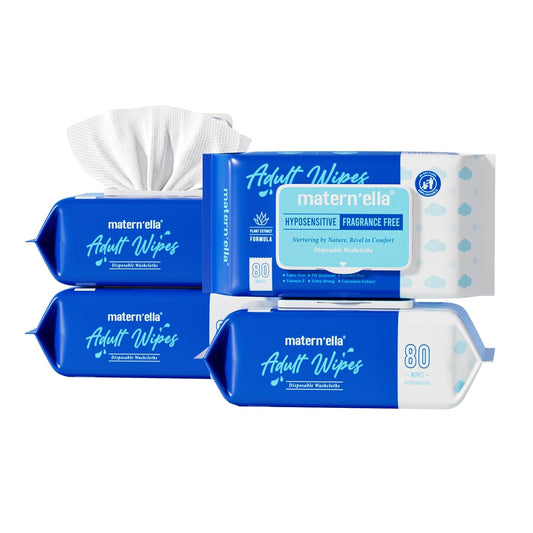 MATERN'ELLA Adult Wet Wipes, Cleansing Wash Cloths for Elderly Care, 99% Pure Water for Incontinence, Personal Bath, Alcohol-Free, 4 Flip-Top Packs(320 Wipes Total)