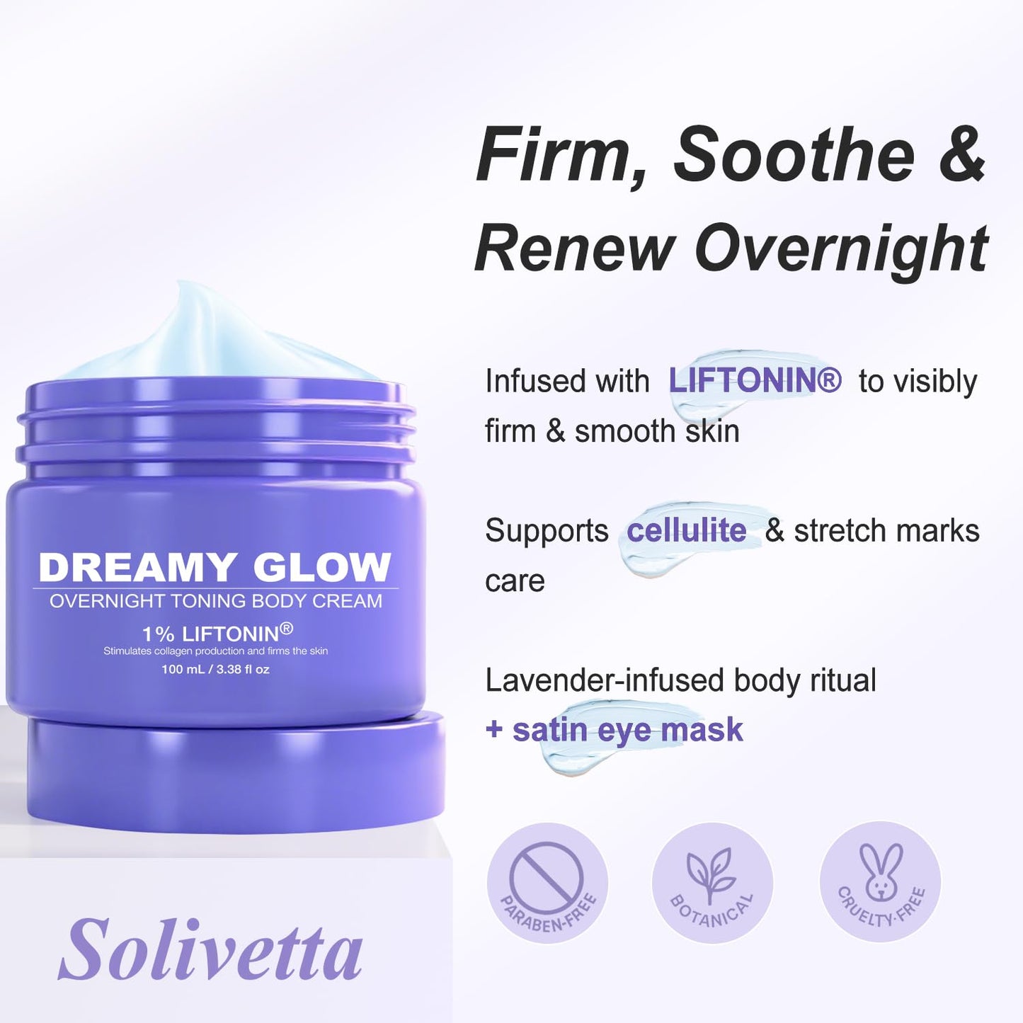 Dreamy Glow Overnight Toning Whip Cream – Anti Cellulite & Tightening Loose Skin for Body – LIFTONIN® Get Firming Cream with Satin Eye Mask 3.38 fl oz