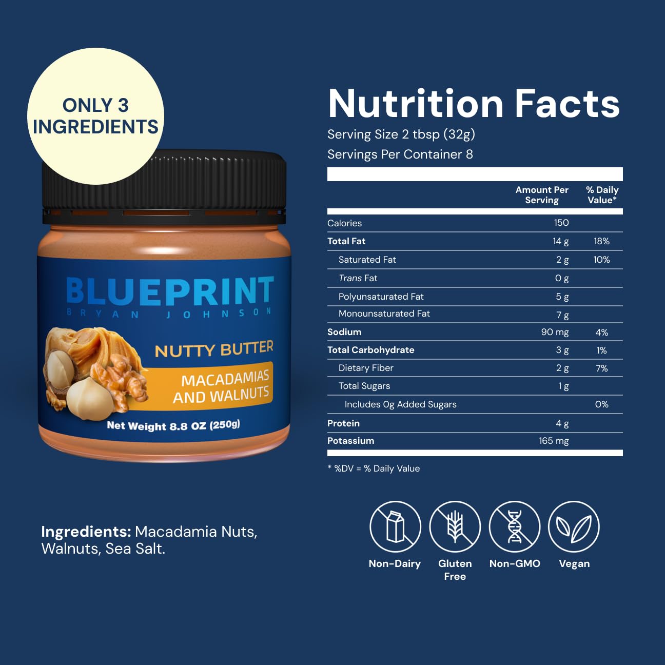 Blueprint Bryan Johnson Nutty Butter – Chunky Macadamia Nut Butter with Walnut – No Palm Oil, No Added Sugar – Just 3 Ingredient Nut Butter– Keto, Vegan, Paleo – Low Carb Nut Butter Snack – 8.8oz Jar