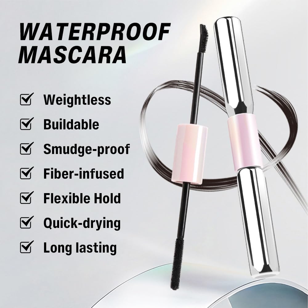 Double-ended Voluminous Waterproof Black Mascara - Buildable Lengthening, Curling & Defining for Dramatic Volume, Smudge-Proof 24H Wear, Cruelty-Free Blackest Black, Vegan