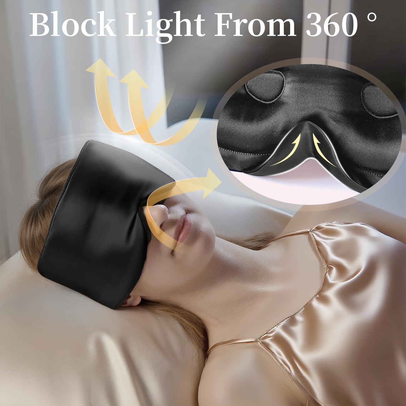 USlixury Silk Sleep Mask, 3D Contoured Sleeping Masks, Blackout Sleep Masks for Women with Nose Wing,100% Mulberry Silk, Face-Hugging Non-Slip SLEP Mask for Side Sleeper, 27.5x4.5'', Black