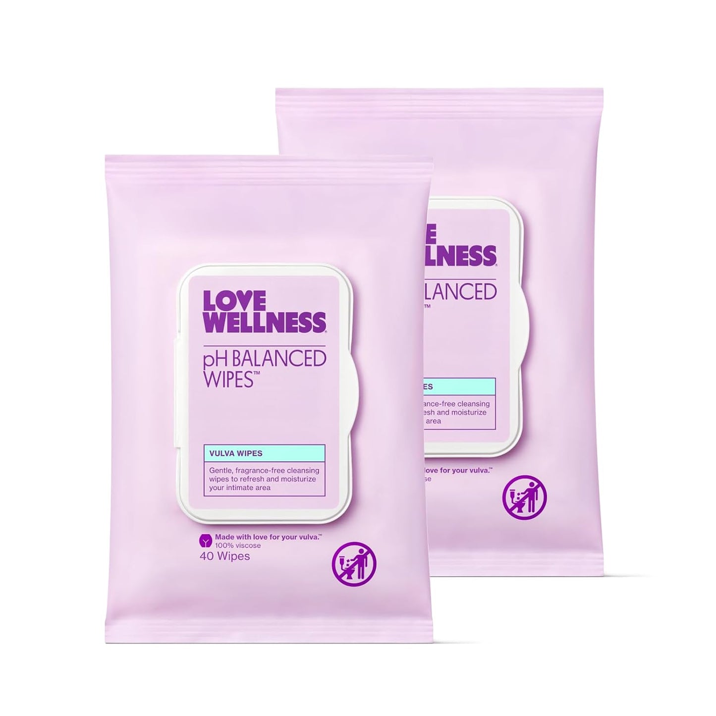 Love Wellness pH Balancing Wipes for Women | Feminine Hygiene for Cleansing with Aloe Vera | Fragrance-Free Intimate Health | Moisturizing, Soothing & Calming for Sensitive Skin | Travel Size | 2-Pack