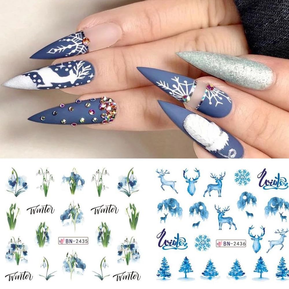 Christmas Nail Art Stickers Snowflake Water Transfer Nail Decals Winter Snow Flake Elk Cold Ice Bear Tree Nail Design Stickers for Nail Art Acrylic Watermark Nail Foils for Christmas Nail Decor 12Pcs