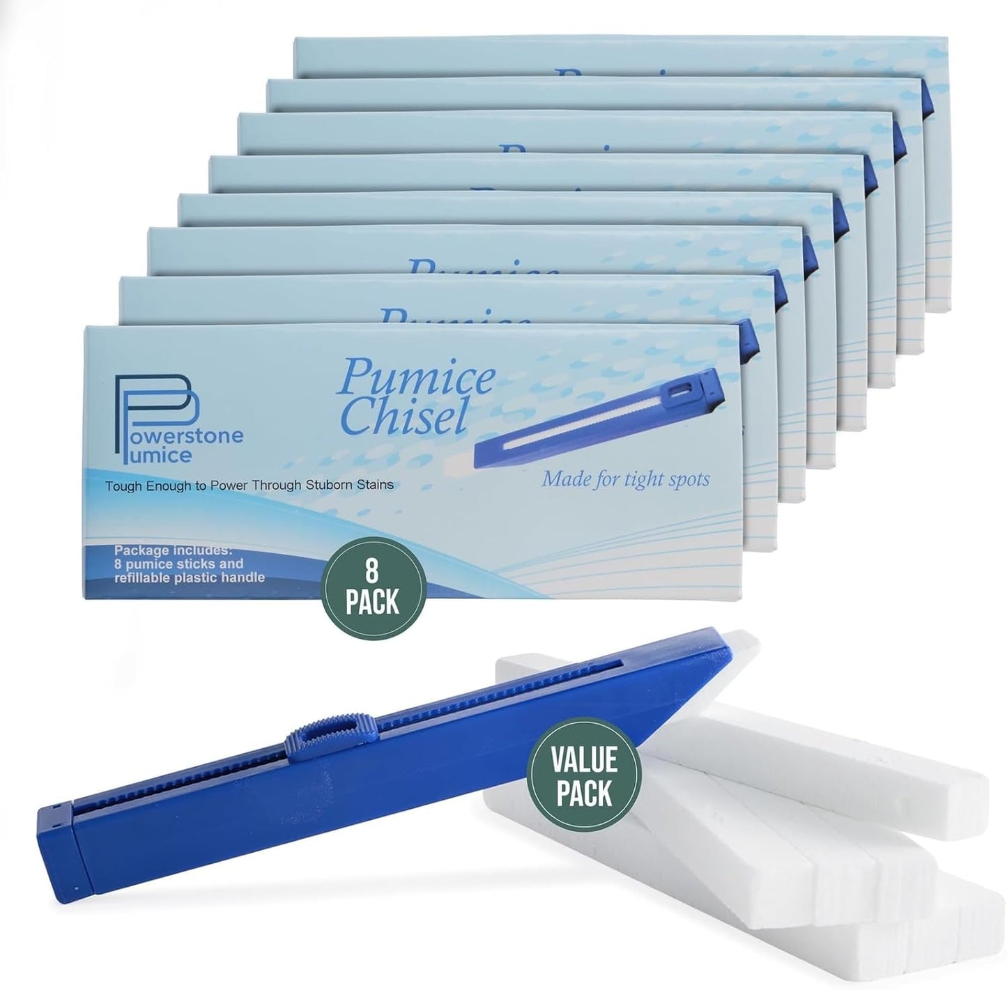 Powerstone Pumice Long Lasting Chisel Sticks - 8 Pack | Refillable Case with 8 Scouring Sticks to Remove Stains, Limescale & Carbon Buildup from Stoves, Ovens, BBQ Grills, Sinks, Tiles, Toilets & More