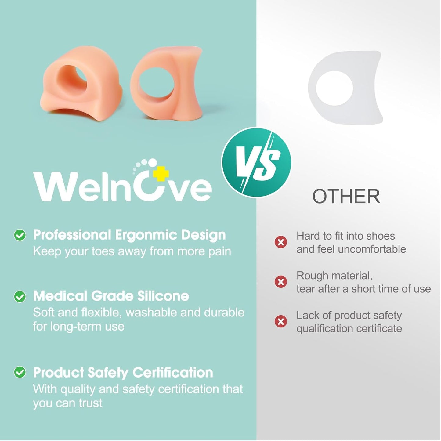 Welnove Toe Separator for Overlapping Toes - 12 PackToe Spacers for Bunions - Toe Corrector for Hammer Toes, Realign Crooked Toes - Preventing Rubbing Relieve Pressure (Medium, Beige)