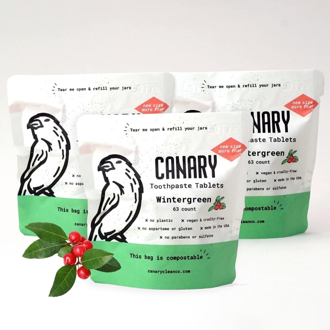 Canary Toothpaste Tablets Wintergreen - Chewable Nano-Hydroxyapatite Teeth Cleaning Tablet - No Fluoride, Great for Travel, Zero Waste (189 Count (Pack of 3), Wintergreen)