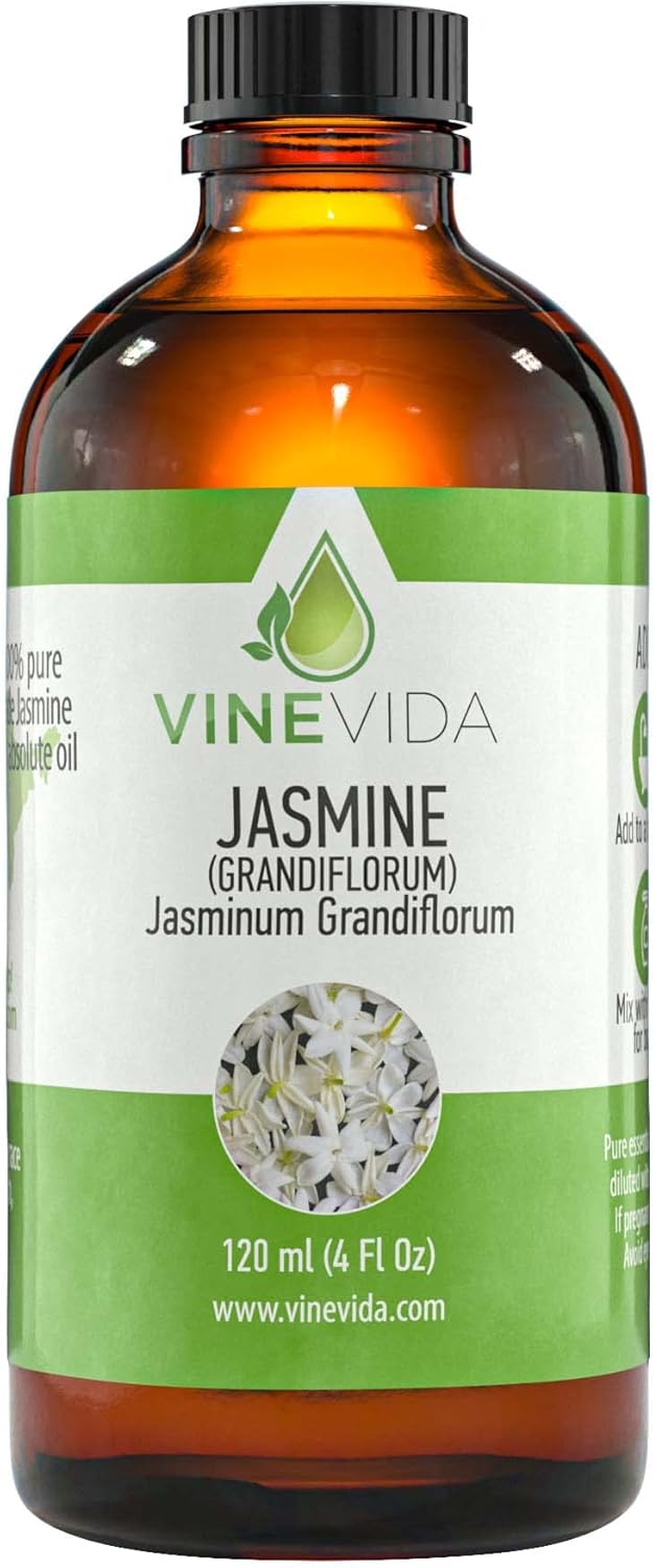 VINEVIDA Jasmine Essential Oil 4 oz - Undiluted Candle Scent DIY Scents for Candlemaking Bulk Soap Making Safe Skin, 7.18 Ounces, 120.0 milliliters, 4.0 Fl Oz, 1