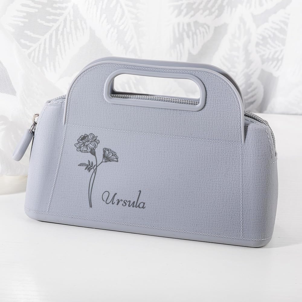 Custom Small Travel Makeup Bag Silicone Waterproof Personalized Birth Flower Name Makeup Brush Case Portable Zipper Cosmetic Bag Gifts For Mom Daughter 4 Colors Size 7.28×4.96INCH