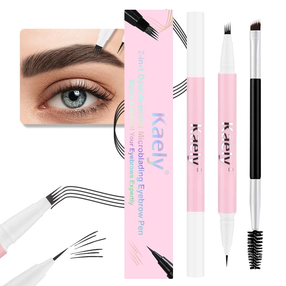 evpct 1Pcs Black Brown Magic Microblading Dual-Ended Eyebrow Contouring Pen Brow Pencil, with 4 Brush Micro-Fork-Tips Applicator and Precise Brush-Tip Hair Like Strokes, Dual-ended Eyebrow Brush