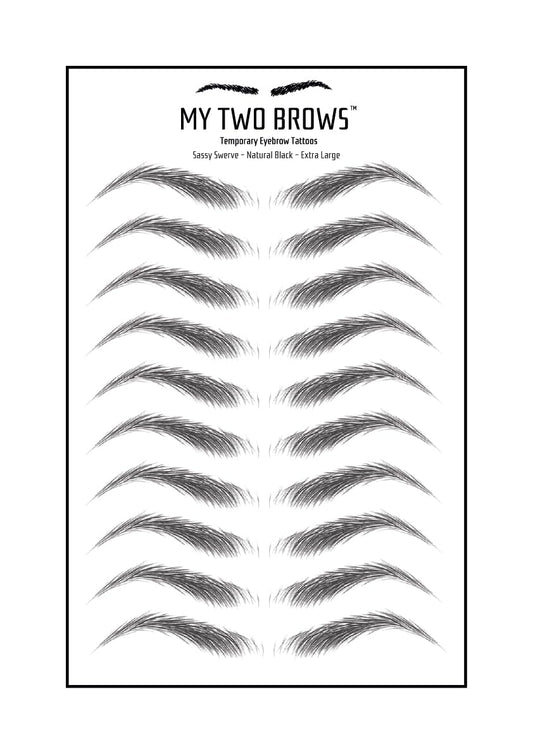 (10 pairs) Natural Black Temporary Eyebrow Tattoo - Extra Large Size - Waterproof & Smudgeproof - Sassy Swerve Style Eyebrow Stickers - Sheet Lasts up to 30 Days - Won't Work on Existing Brows