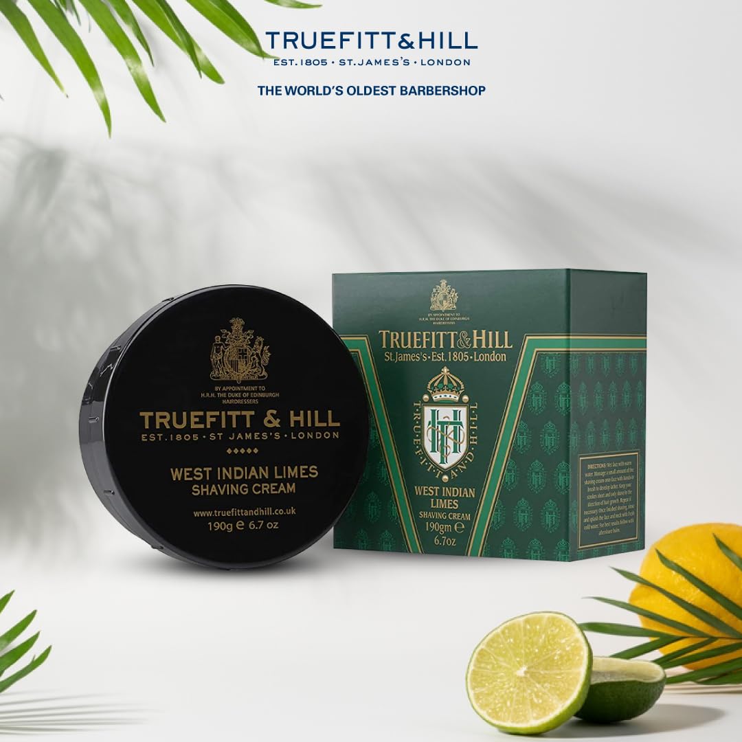 Truefitt & Hill Shaving Cream Bowl - West Indian Limes - Premium Glycerin-Based Lather, Smooth Glide, and Hydration for a Luxurious Shave - 6.7 oz