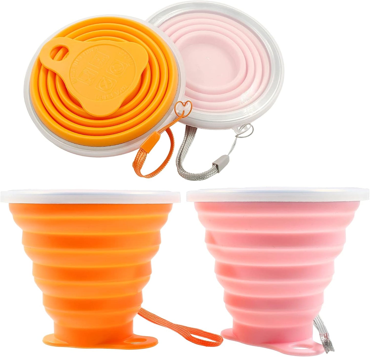 Litoexpe 2 Pack Silicone Collapsible Travel Cup Portable Folding Camping Cup Sets with Lids, Pink & Orange