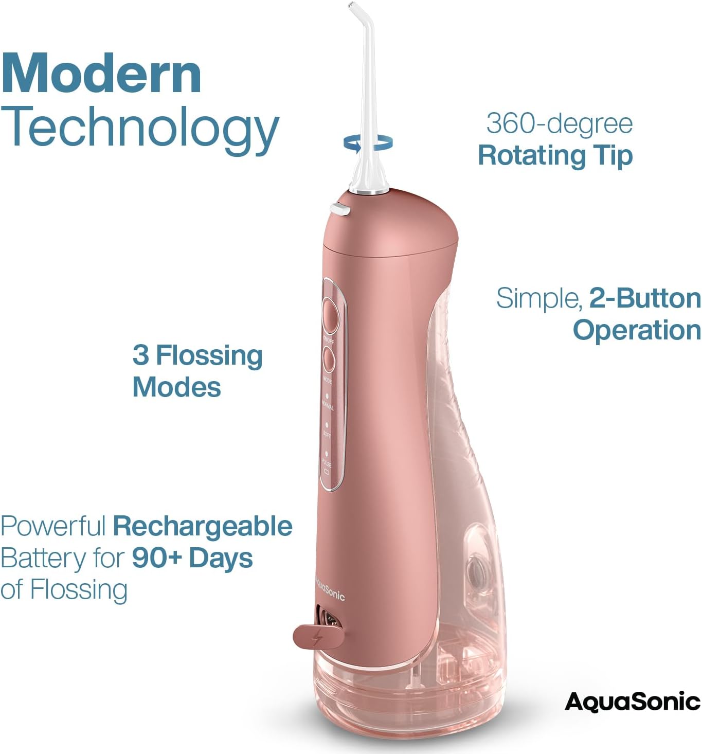 AquaSonic Aqua Flosser PRO - Rechargeable Cordless Water Flosser for Teeth, Gums & Tongue - Modern Design, 300ml Large Tank, 6 Jet Tips with Deluxe Tongue Nozzle, 3 Modes, Waterproof Rose Gold