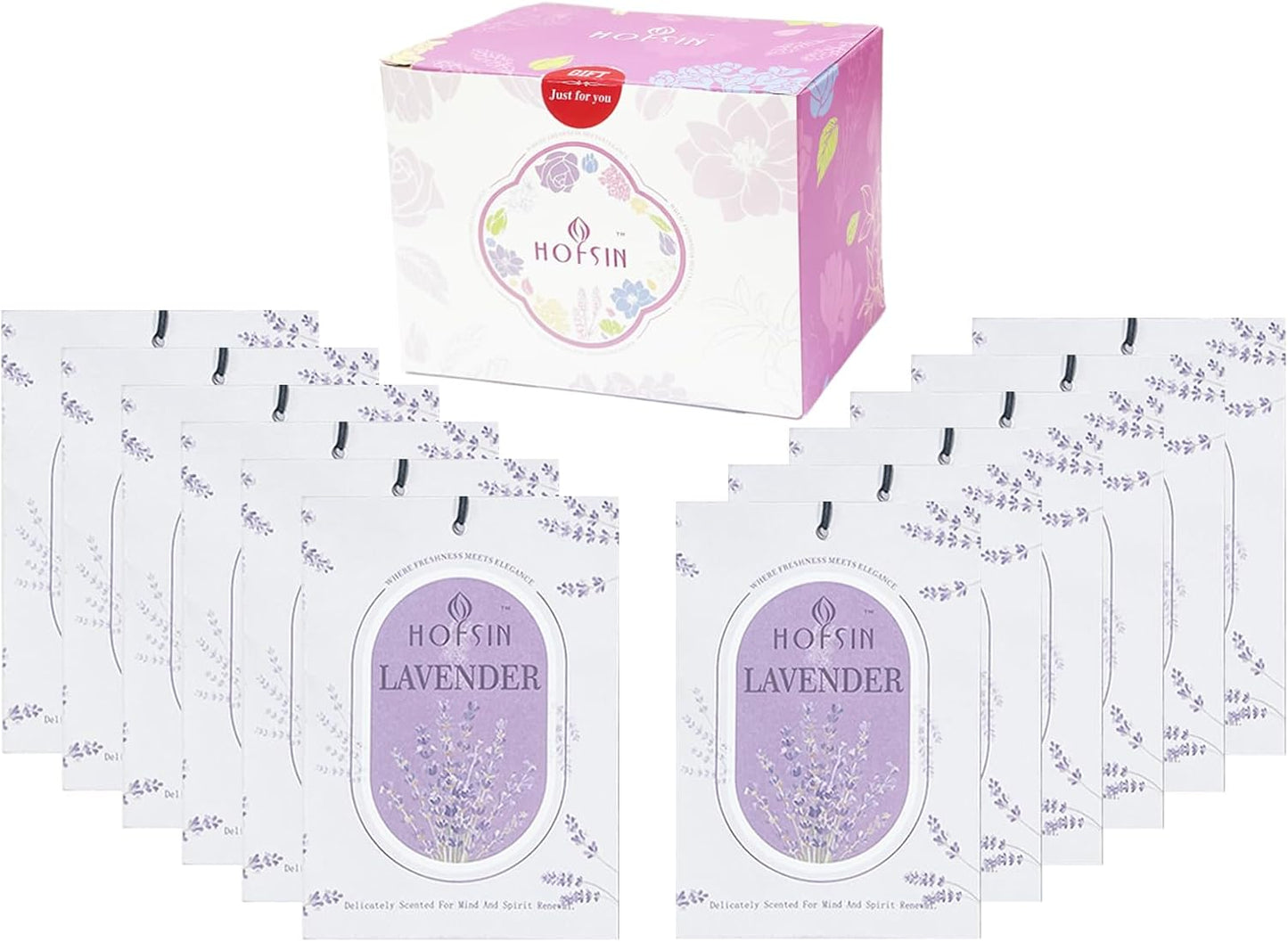 HOFSIN 12Pack Lavender Sachets with Hanging Strings,Long Lasting,Scented Paper Bags,Air Freshener Deodorizer for Closet and Drawer,Home Fragrance for Wardrobe,Car(Lavender)