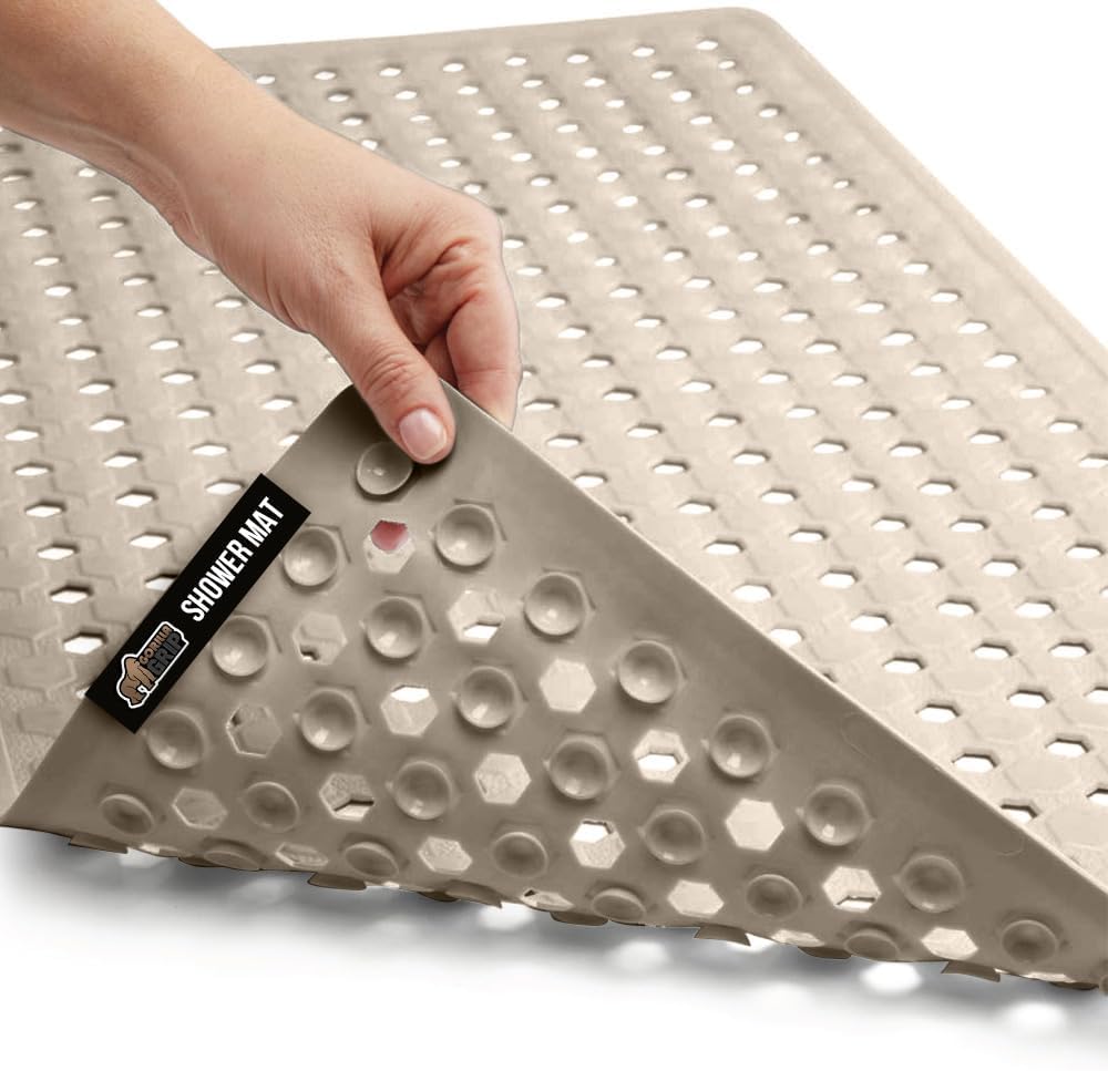 GORILLA GRIP Patented Bath Tub Shower Mat, Machine Washable Bathtub Floor Liner Mats, Suction Cups and Drain Holes to Keep Tubs Clean, Soft on Feet, Bathroom Essentials, 35x16 Inch, Beige