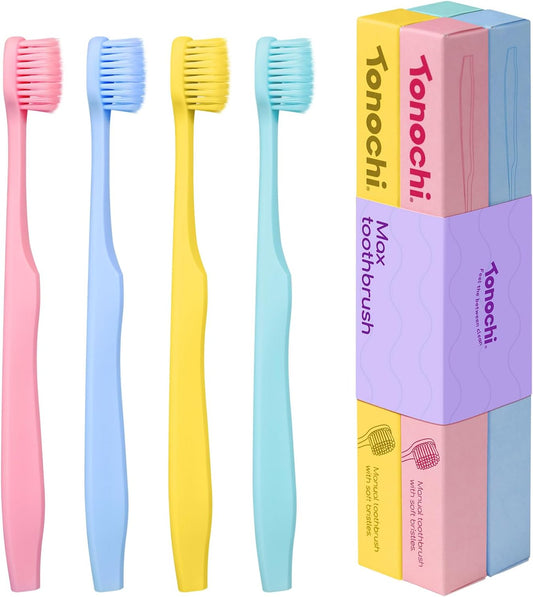 Max Extra-Soft Toothbrush for Adults Sensitive Gums – Gentle Bristles, Wide Angled Head for Back Teeth, Ergonomic Non-Slip Grip, BPA-Free Handle, Individually Wrapped,4-Pack (Assorted)