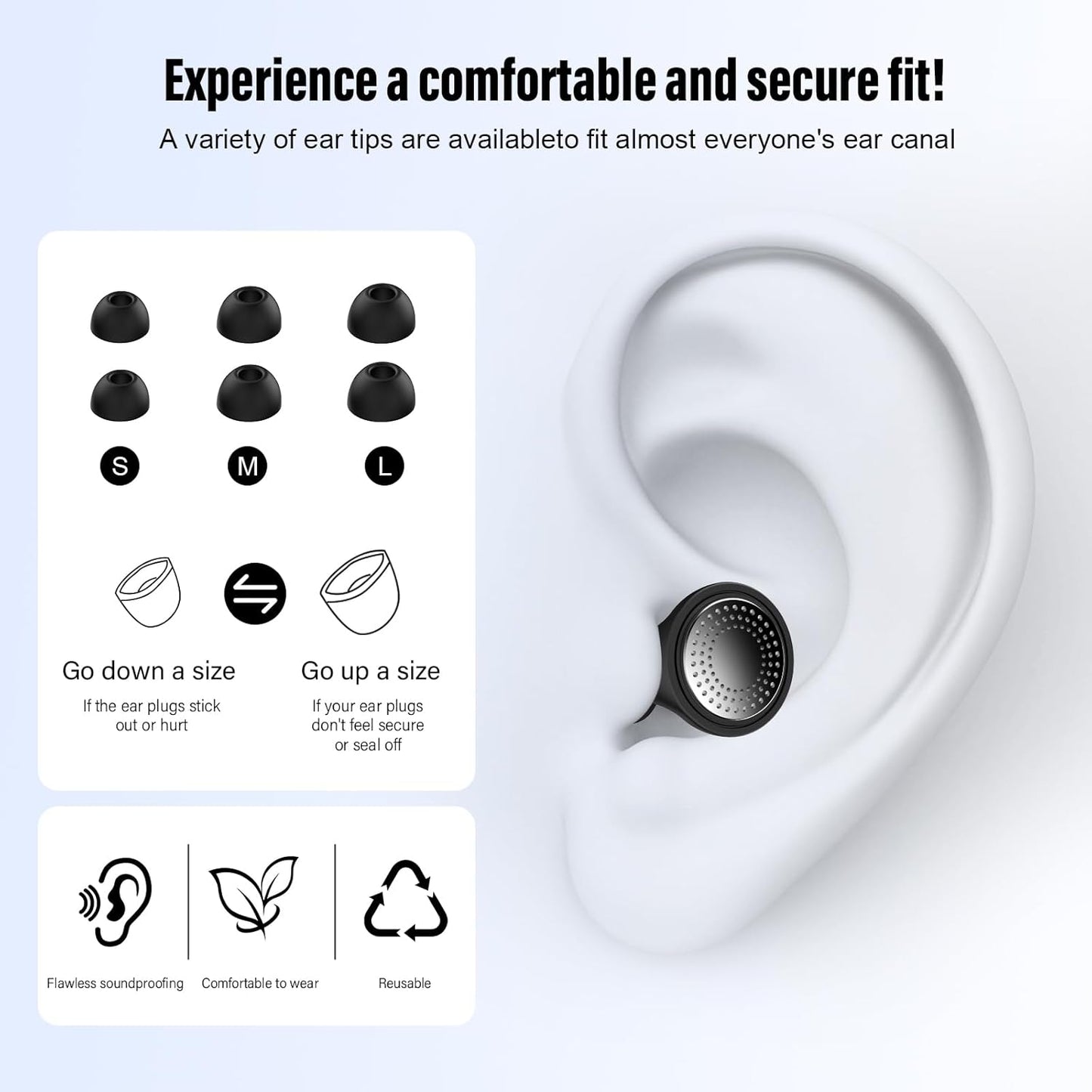 Ear Plugs, Sleep Earplugs with Cleaning, Memory Foam & Silicone Tips, Noise Reduction up to 35 dB, with 3 Sizes & Case, Reusable, Noise Protection Earplug for Side Sleepers, Travel, Work Black