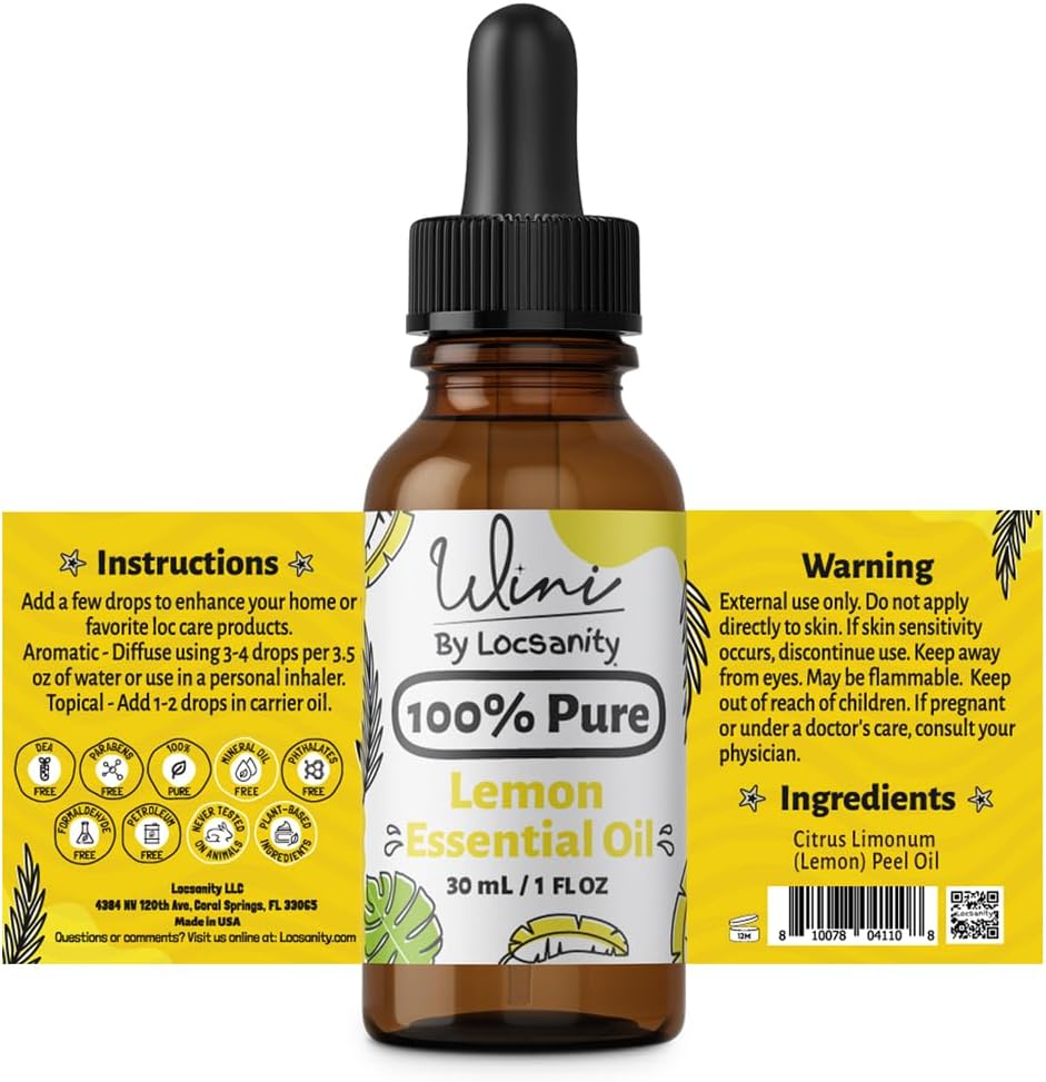 WINI by Locsanity Lemon Essential Oil with Glass Dropper | 100% Pure & Natural Lemon Diffuser Oil | Premium Grade Essential Oils for Skin Care, Aromatherapy, Hair & Scalp, Fresh Citrus Scent | 30ml