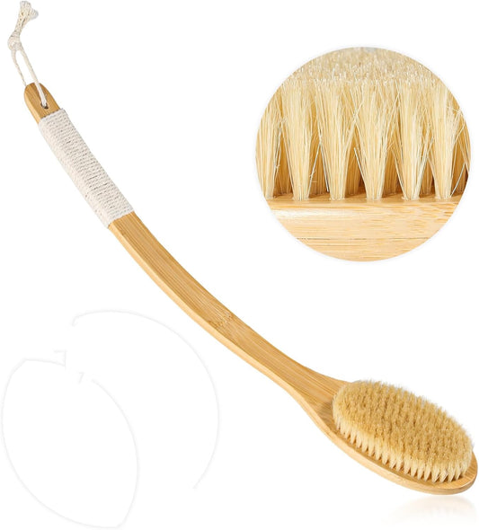 Bath Body Brush Shower, 22" Super Long Curved Bamboo Handle Antiskid Back Body Scrubber Wet/Dry Brushing, Moderately Soft Natural Bristle Body Brush for Showering