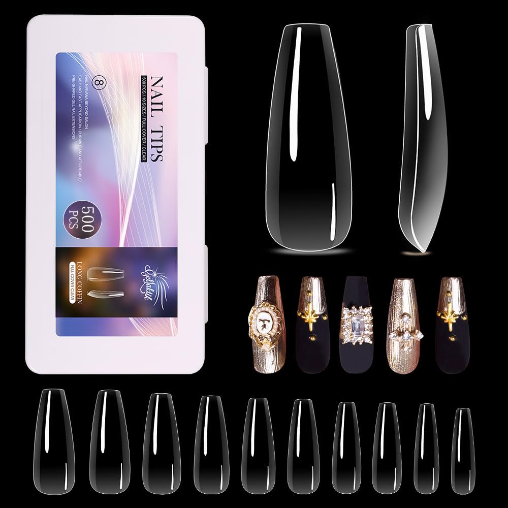 Long Coffin Nail Tips 500PCS, Clear Acrylic Full Cover Gel Press on Nail Tips for DIY Salon, 10 Sizes Pre-Shaped False Nails with Glossy Finish, Professional Manicure Kit & Easy Application