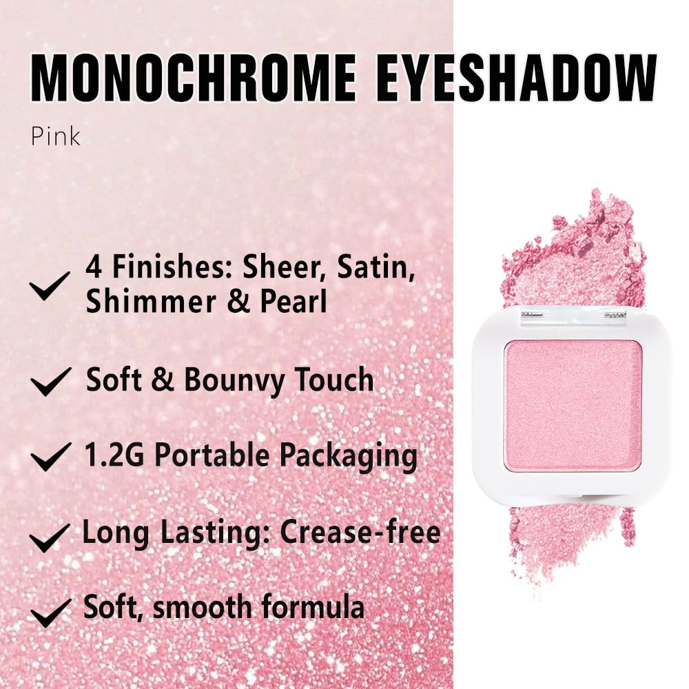 Shimmer Singe Eye Shadow Palette Makeup, Pink Sparkle Shimmer Monochrome Eyeshadow For Old Women, Mini Pressed Pigmented Waterproof Sombras Para Ojos, Vegan, Talc, Paraben & Cruelty Free, 11