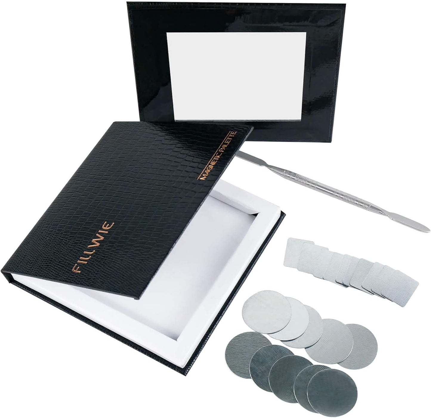 Small Empty Magnetic Makeup Palette with Mirror, Spatula, 20 Metal Stickers, Suitable for Eyeshadow Lipstick Blush Powder Highlighter and Contour (Black, Small)