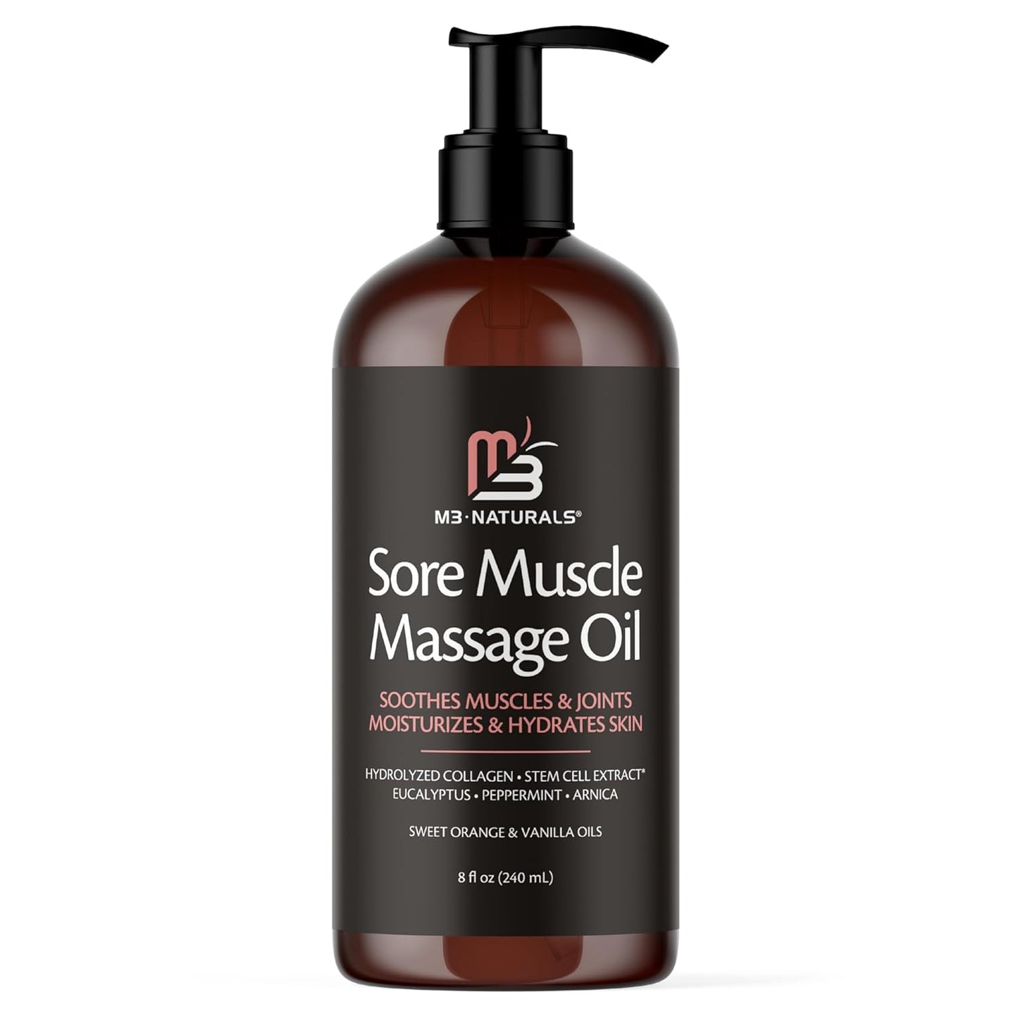 M3 Naturals Arnica Sore Muscle Massage Oil with Collagen, Stem Cells, and Menthol, Anti-Cellulite Therapy for Full Body, Fast-Absorbing Multipurpose Treatment
