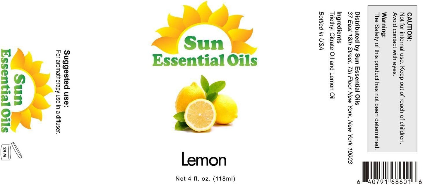 Sun Essential Oils - Lemon Essential Oil 4 oz for Cleaning, Diffuser, Humidifier & Aromatherapy Body Massage, Lemon Fragrance Scent for Home Candle Making with Dropper