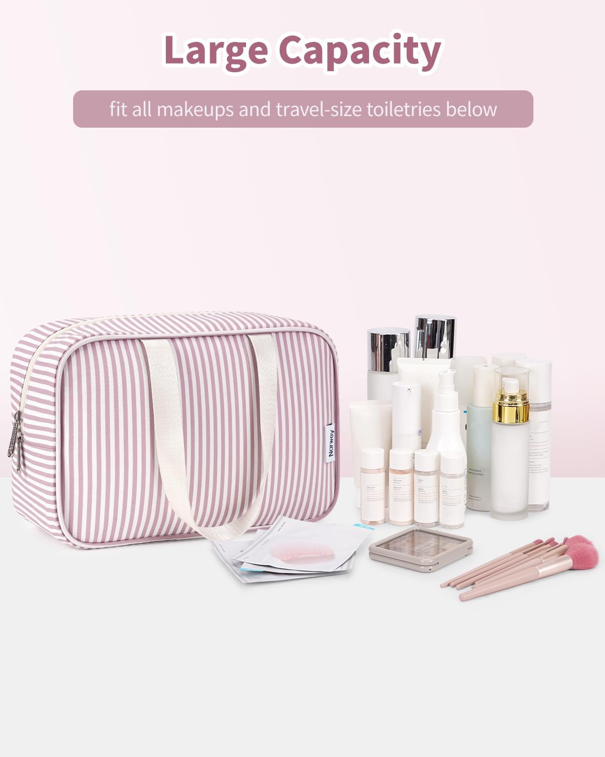Full Size Toiletry Bag Women Large Cosmetic Bag Travel Makeup Bag Organizer Medicine Bag for Toiletries Essentials Accessories (Dusty Rose Stripe, Large)