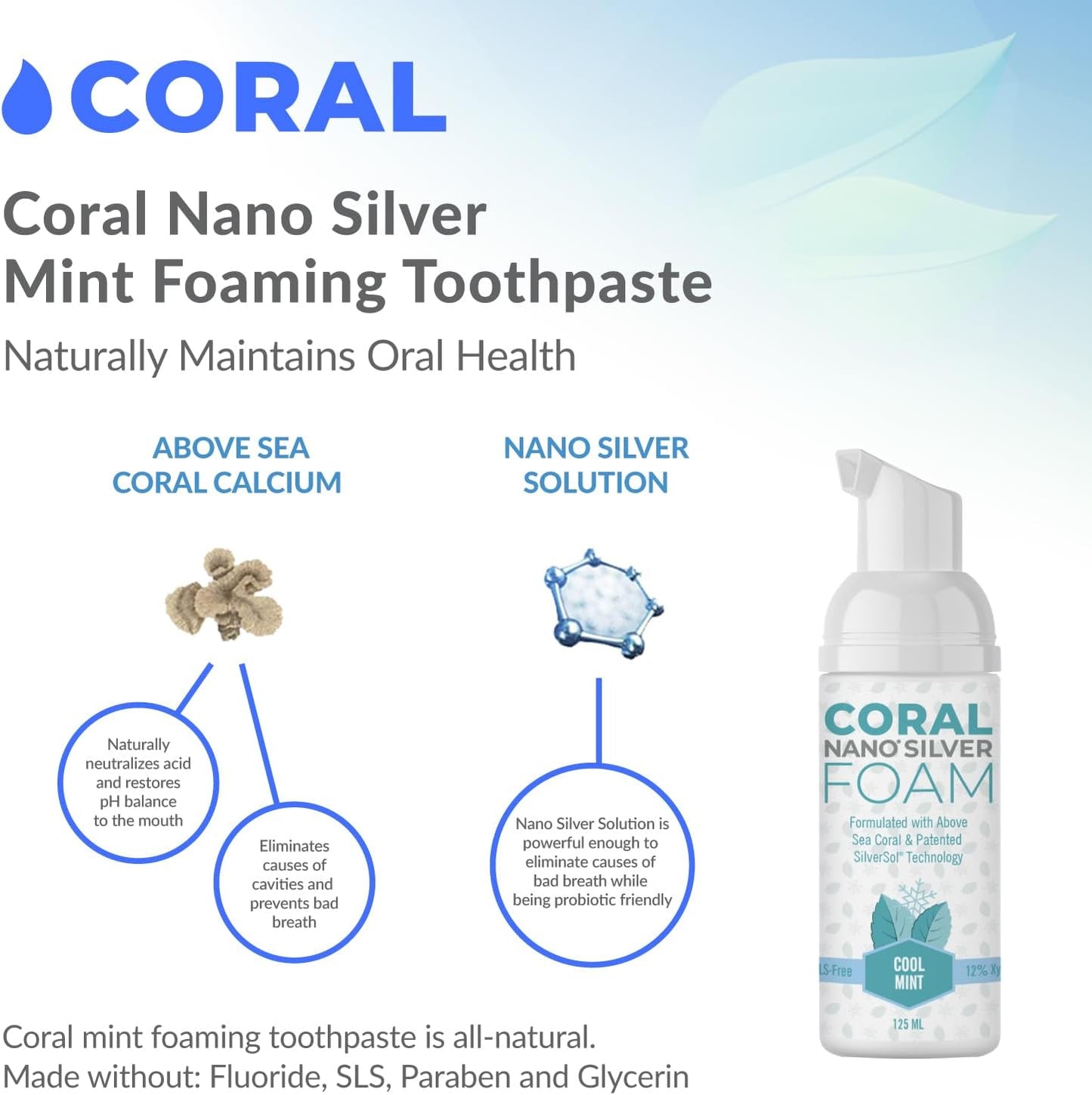 Coral Nano Silver Foaming Toothpaste, Natural Fluoride Free Toothpaste, SLS and Glycerin Free, Cool Mint, 4 Ounce