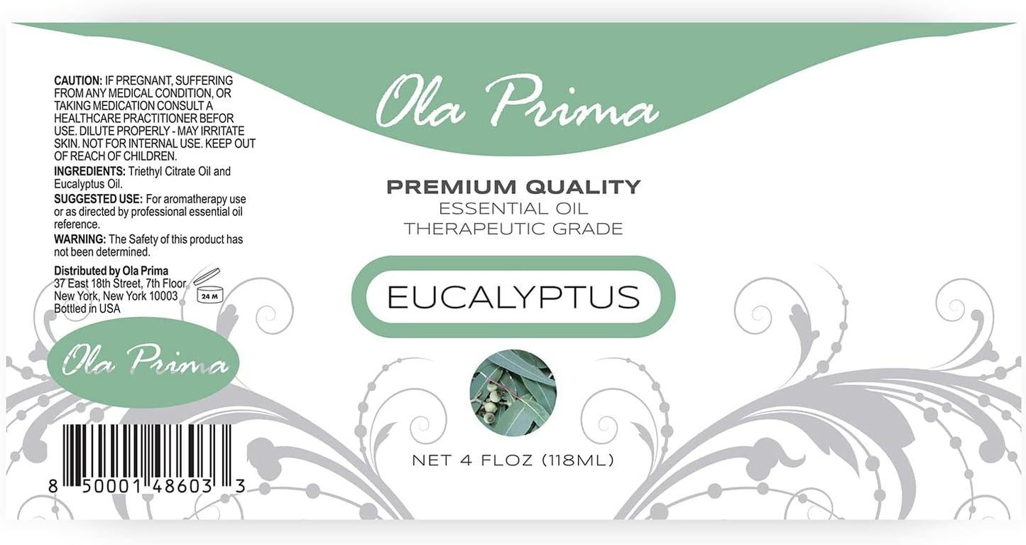 Ola Prima Eucalyptus Essential Oil Therapeutic Grade for Aromatherapy, Diffuser, Hydrates Skin, Soothes Dry, Dropper – 4 fl oz
