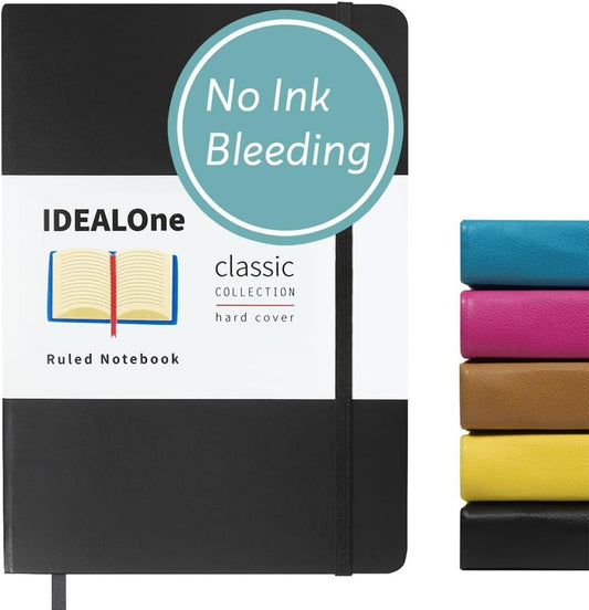 IDEALOne Hardcover Journal Lined–A5 (5.7x8) small notebook, College Ruled Journaling Notebooks,160 pages, 100GSM Thick Paper, Journal for Women, Men, Teens - Black
