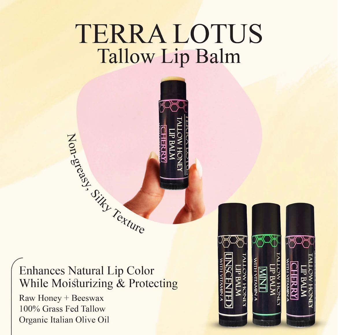 Organic Tallow Lip Balm (5 Pack) - Hydrating With Organic Italian Olive Oil, Pure Grass Fed Tallow, and Beeswax - Long Lasting Lip Therapy (5 Pack, Cherry)